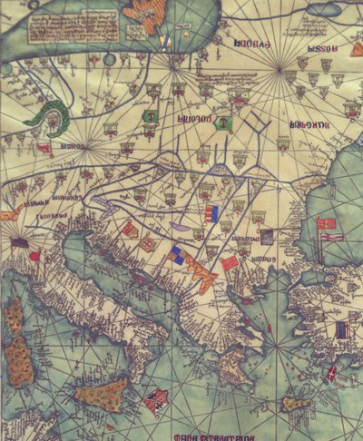 Kaart van Oost-Europa, uitzicht vanuit het zuiden. Catalaanse Atlas. door Abraham Cresques